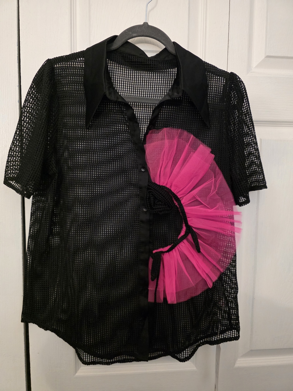 Black Mesh Short-Sleeve Blouse with Hot Pink Tulle Fan Accent